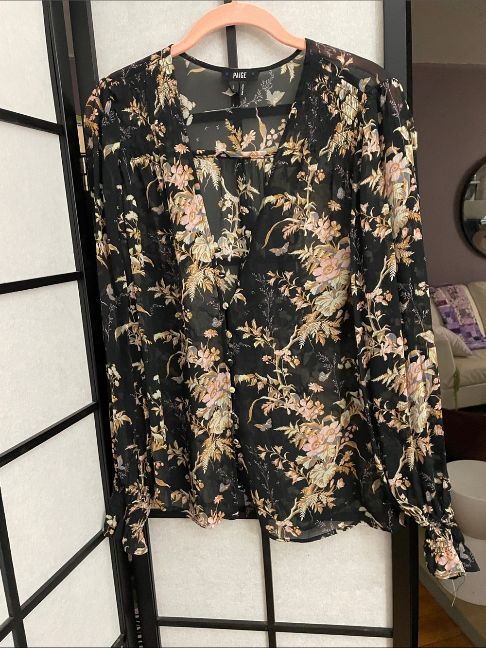 PAIGE Black Floral Sheer Long-Sleeve Blouse